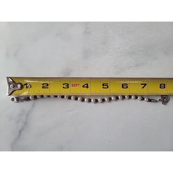 925 Sterling Silver Pearl & Garnet Beaded Bracelet With Heart & Amethyst Charms - Picture 8 of 10